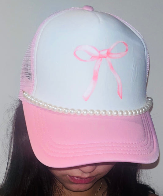 Pink Bow Trucker Hat w/Pearl Strand Accent