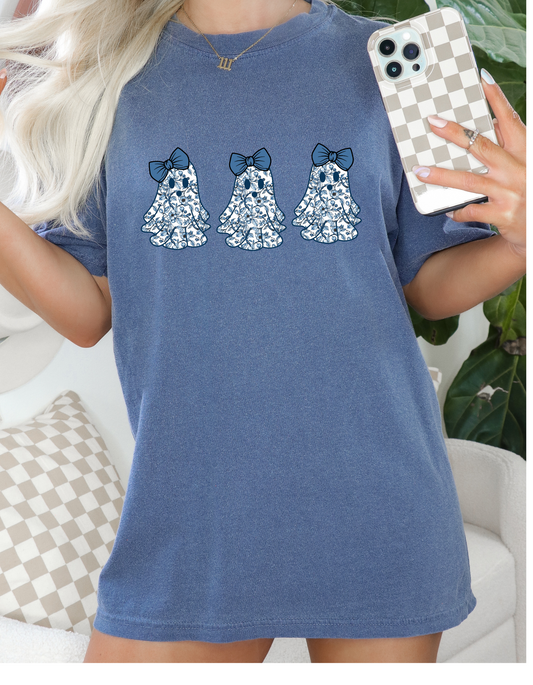 Blue Toile Croquette Ghosts Tee